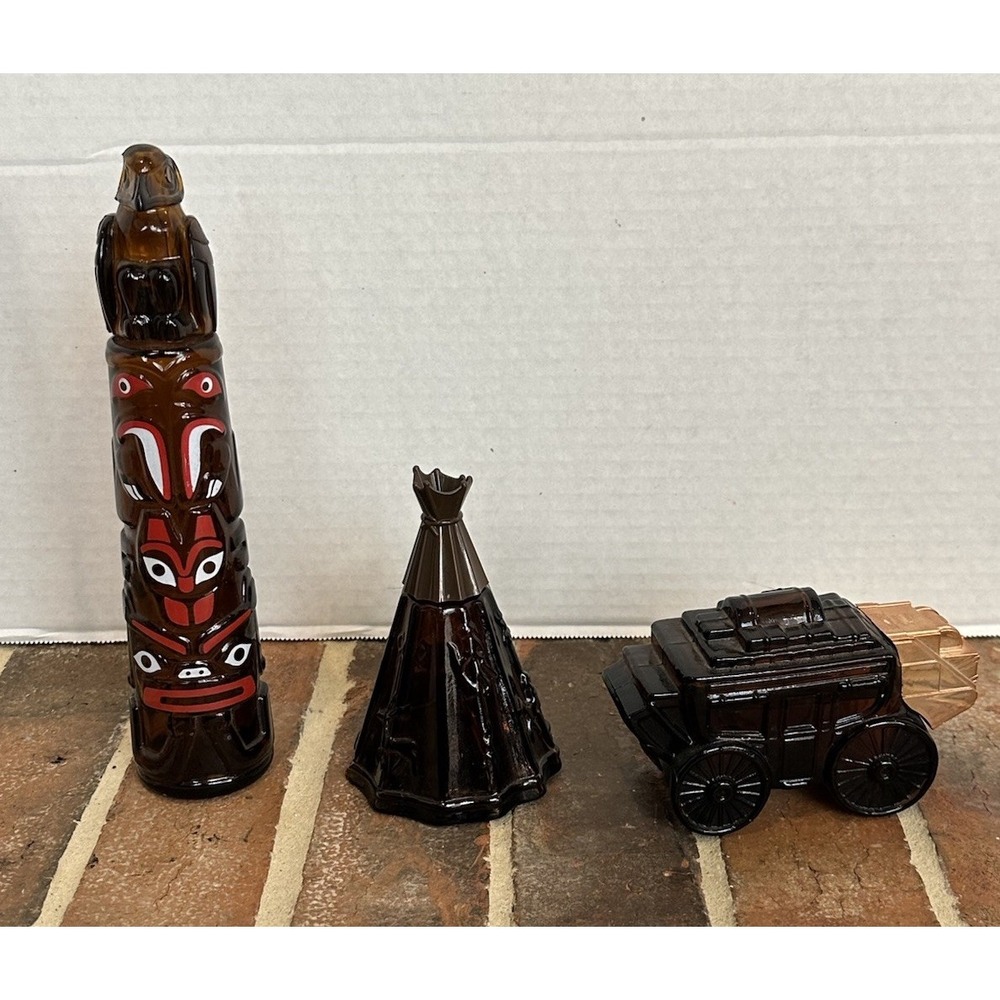 Lot Of 3 Vtg Avon  Aftershave Bottles‎ 70s Brown Glass Totem Teepee Stage Coach
